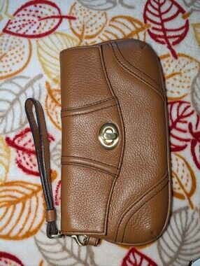 Like New Talbots Brown Genuine Leather Wristlet with Metal Logo Plate